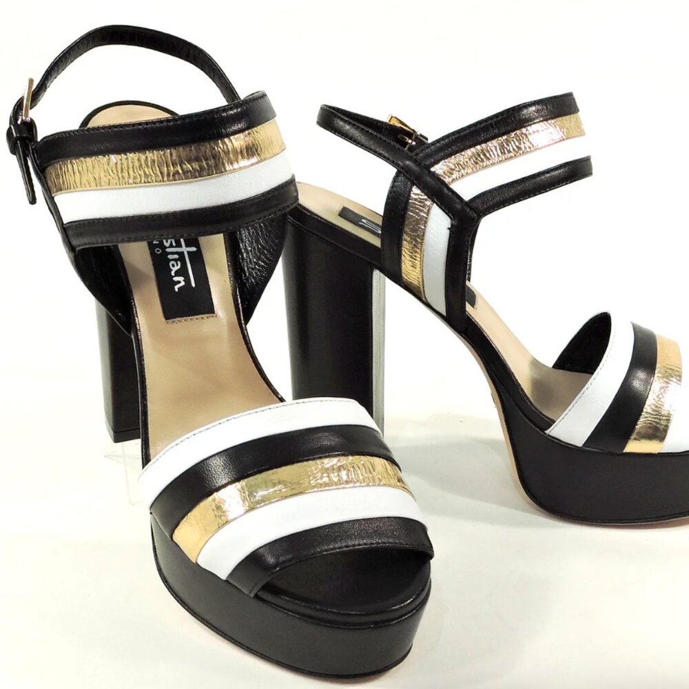 Sebastian Womens Black White and Gold Ankle Strap Platform Sandals Size EU 37.5 - Picture 6 of 12